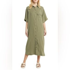 039 TOPSHOP Oversize Khaki Button-Up Maxi Shirt Dress, Medium NWOT